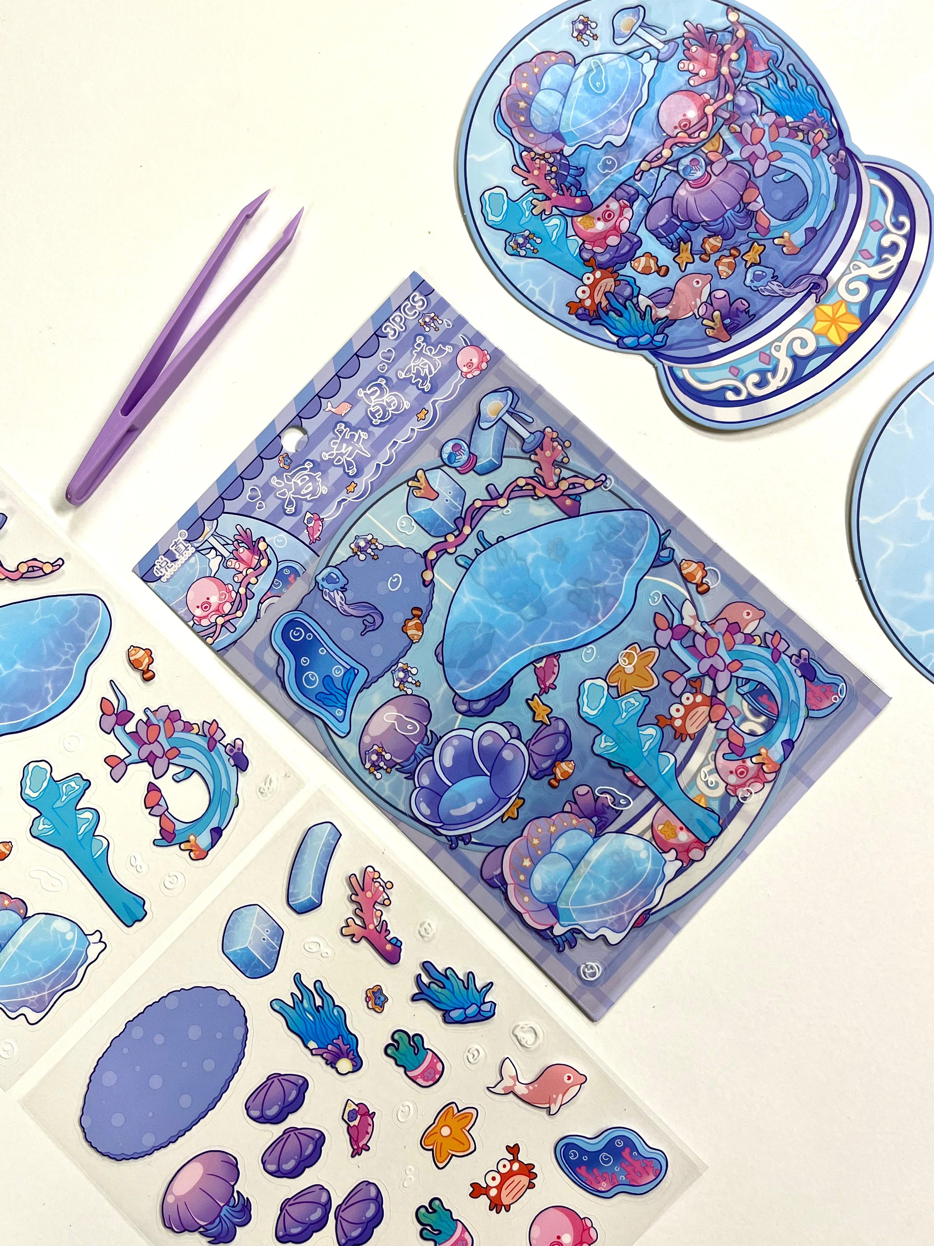 DIY Ocean Akvaryum 3D Diorama İzometrik 58 Adet Sticker Küre Kartonu Plastik Cımbız Seti
