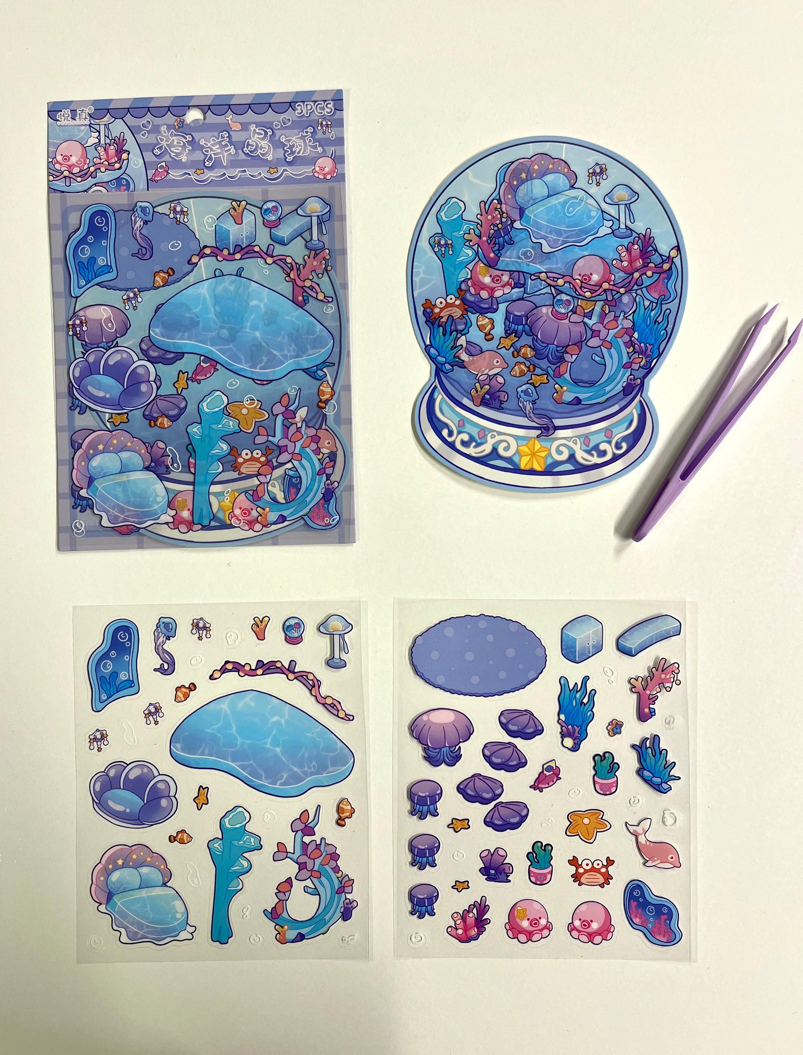 DIY Ocean Akvaryum 3D Diorama İzometrik 58 Adet Sticker Küre Kartonu Plastik Cımbız Seti