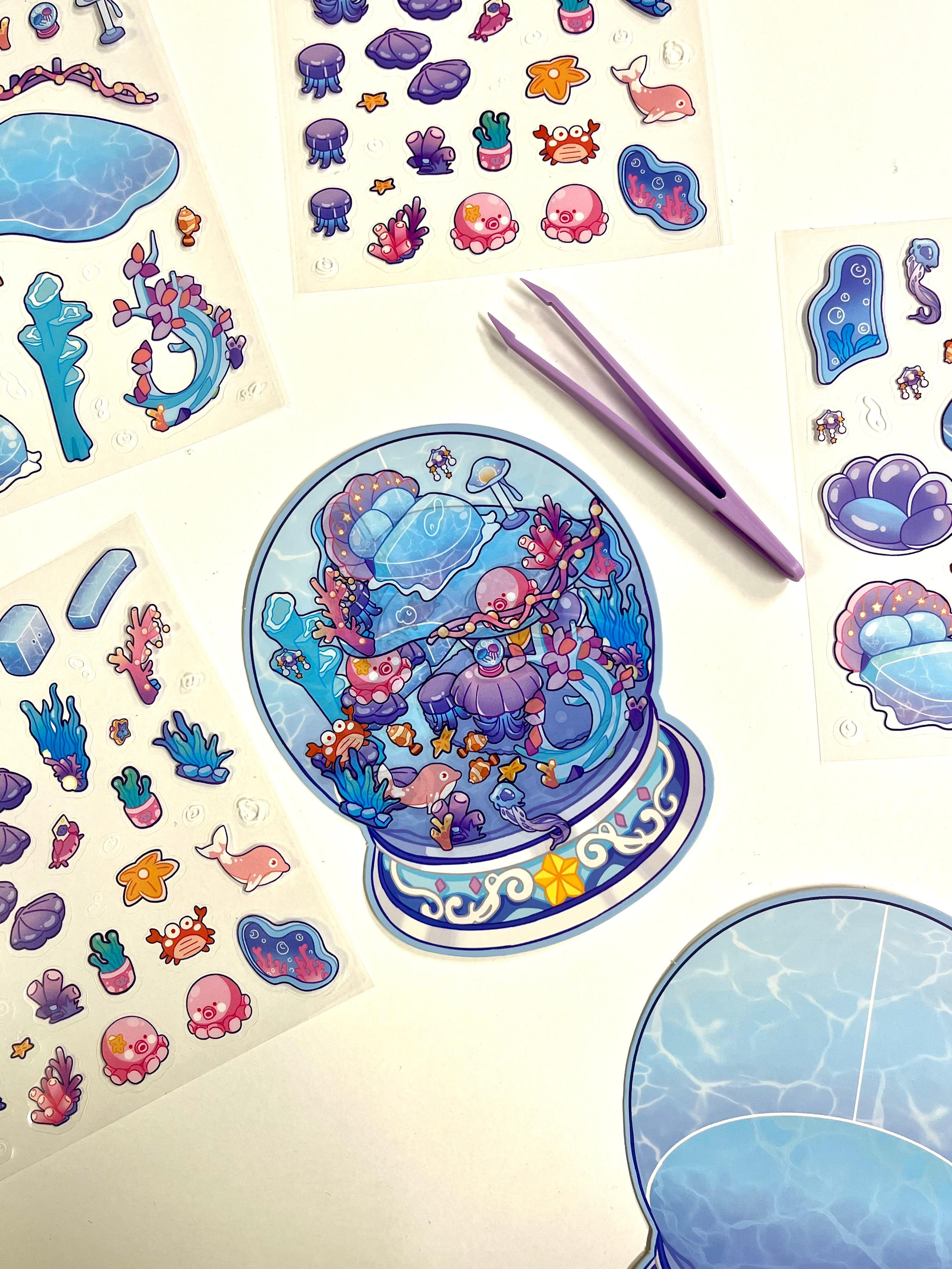 DIY Ocean Akvaryum 3D Diorama İzometrik 58 Adet Sticker Küre Kartonu Plastik Cımbız Seti