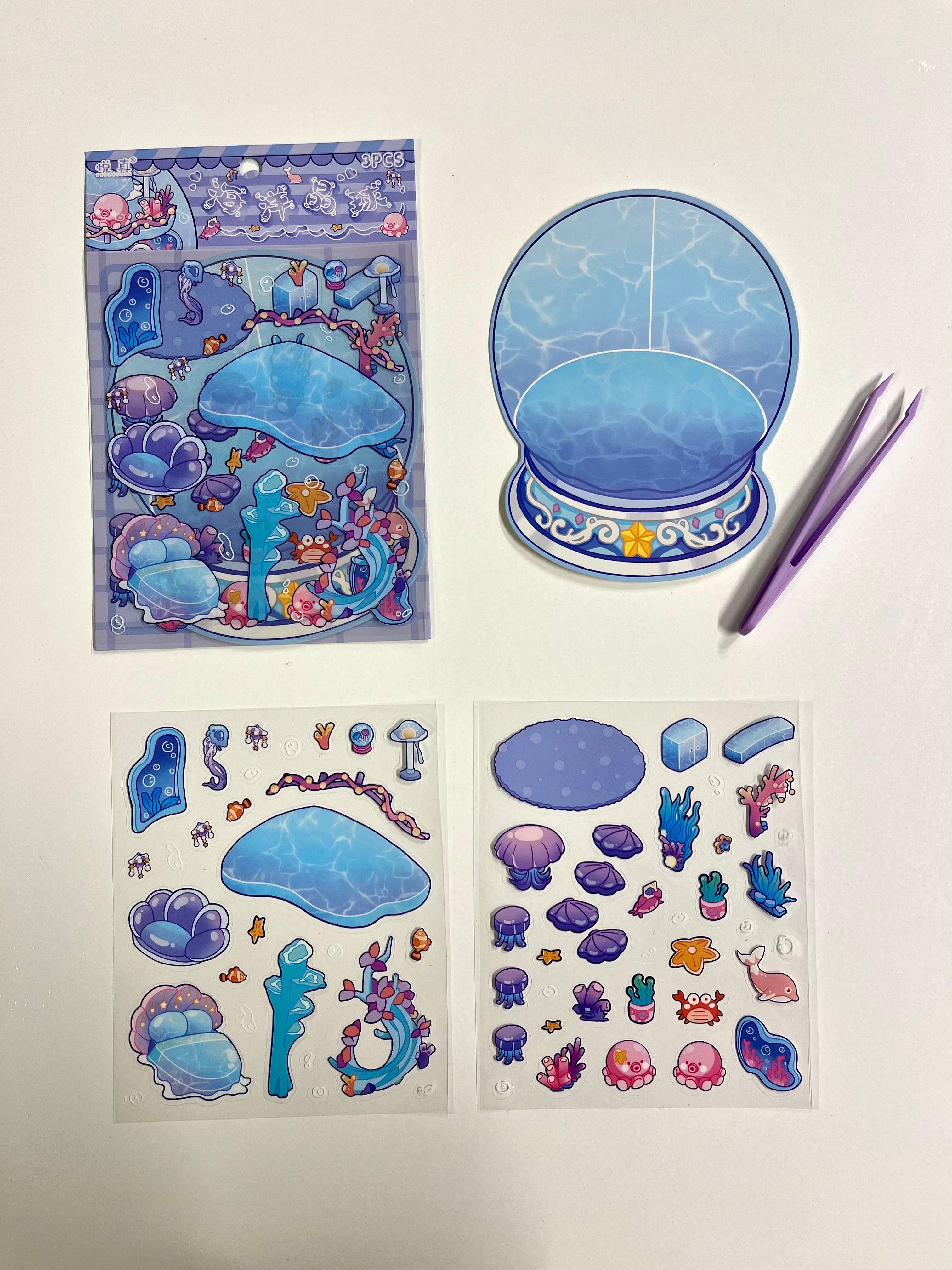 DIY Ocean Akvaryum 3D Diorama İzometrik 58 Adet Sticker Küre Kartonu Plastik Cımbız Seti