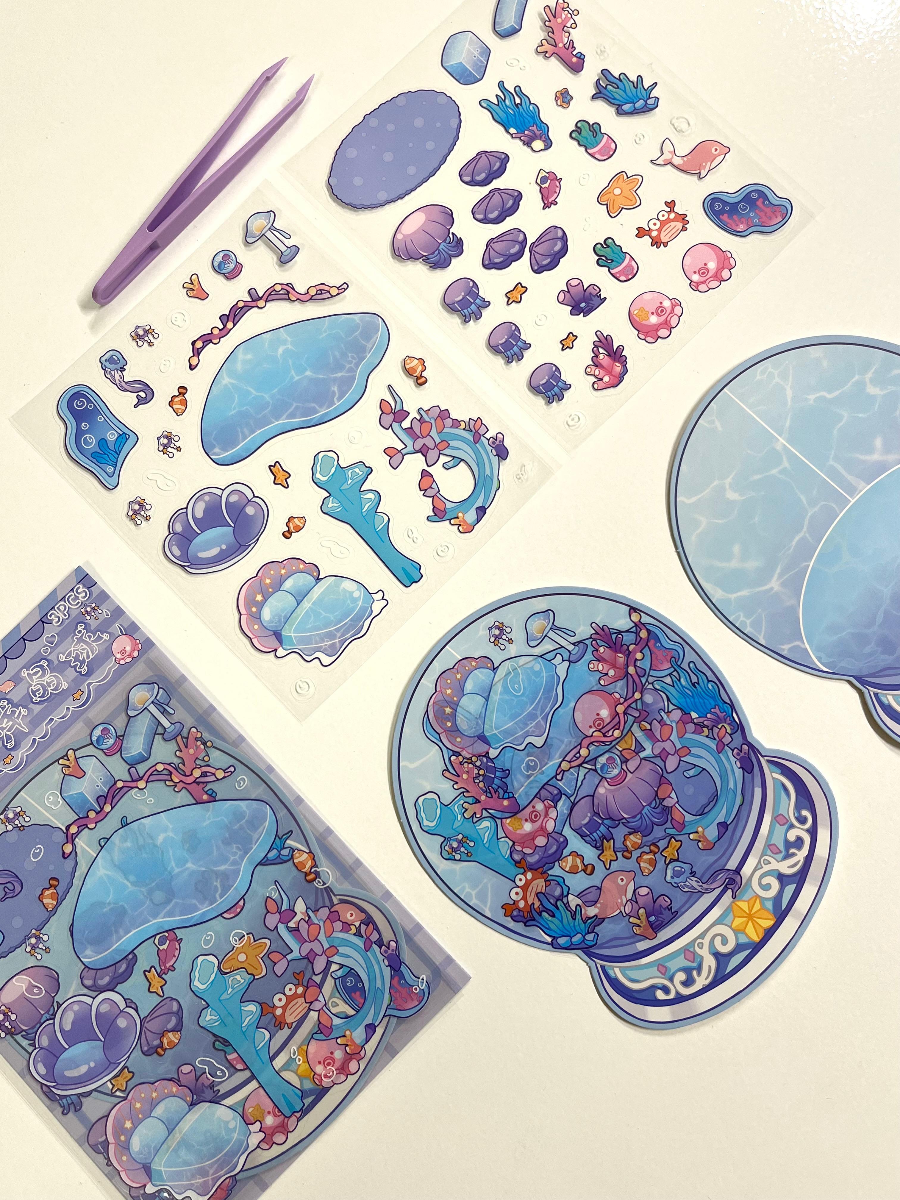 DIY Ocean Akvaryum 3D Diorama İzometrik 58 Adet Sticker Küre Kartonu Plastik Cımbız Seti