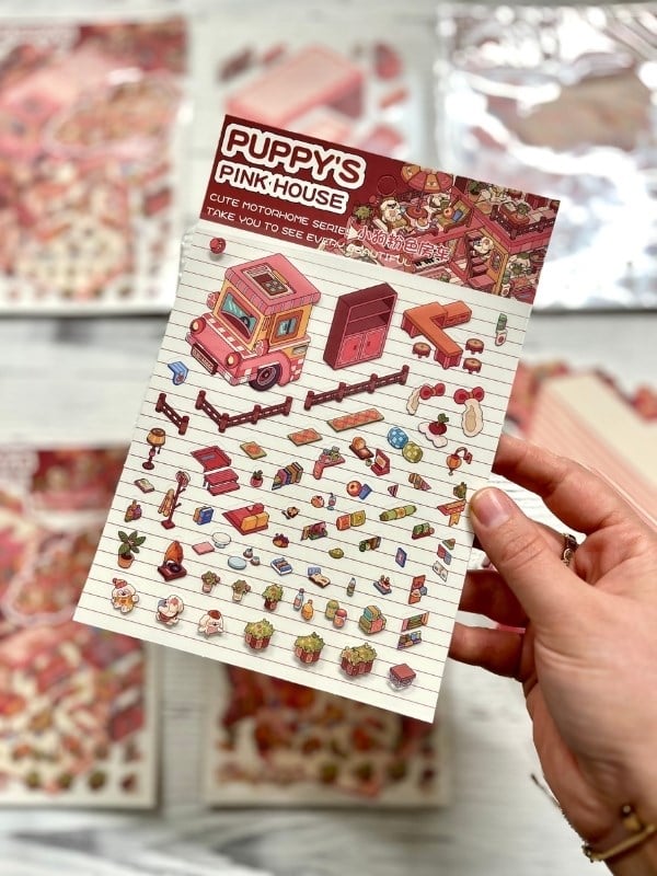 DIY Pembe Köpek Karavanı 3D Diorama İzometrik Sticker Seti/97 Adet Sticker+Karavan Kartonu