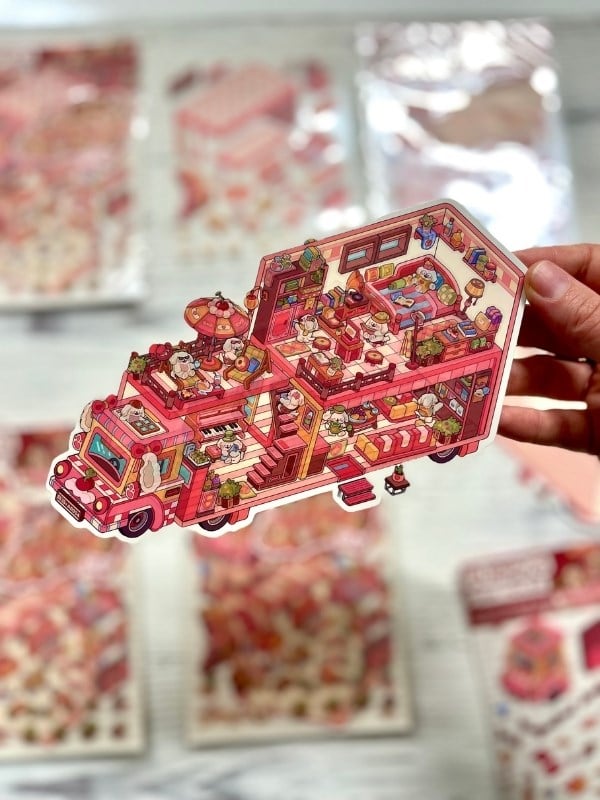 DIY Pembe Köpek Karavanı 3D Diorama İzometrik Sticker Seti/97 Adet Sticker+Karavan Kartonu