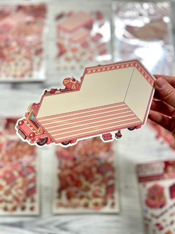 DIY Pembe Köpek Karavanı 3D Diorama İzometrik Sticker Seti/97 Adet Sticker+Karavan Kartonu