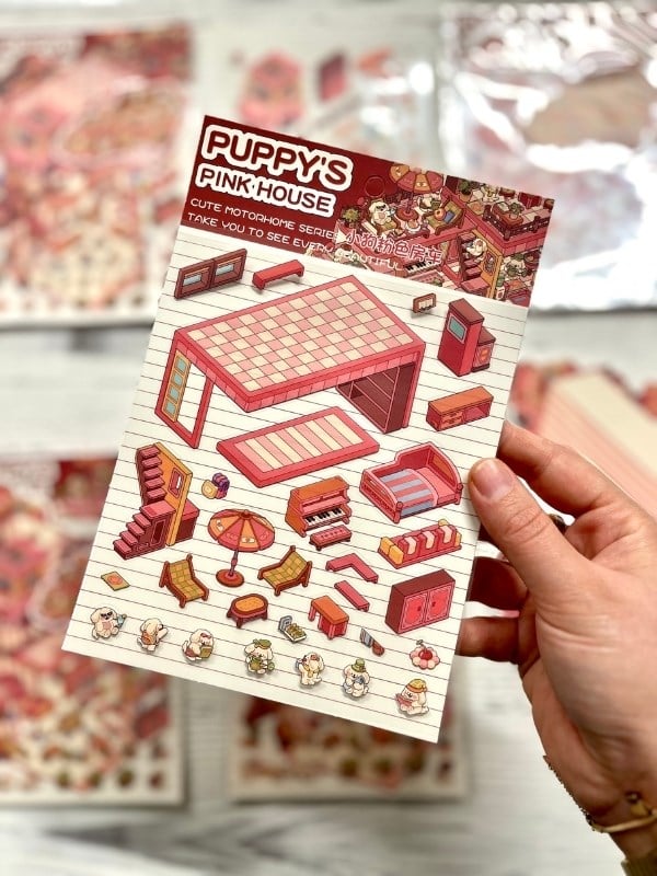 DIY Pembe Köpek Karavanı 3D Diorama İzometrik Sticker Seti/97 Adet Sticker+Karavan Kartonu