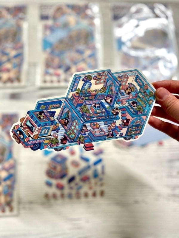 DIY Penguen Kar Karavanı 3D Diorama İzometrik Sticker Seti/86 Adet Sticker+Karavan Kartonu