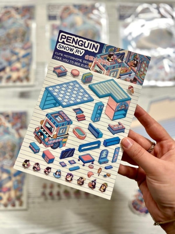 DIY Penguen Kar Karavanı 3D Diorama İzometrik Sticker Seti/86 Adet Sticker+Karavan Kartonu