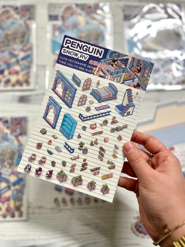 DIY Penguen Kar Karavanı 3D Diorama İzometrik Sticker Seti/86 Adet Sticker+Karavan Kartonu