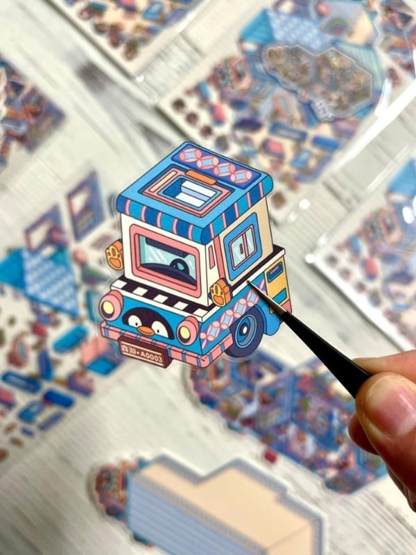 DIY Penguen Kar Karavanı 3D Diorama İzometrik Sticker Seti/86 Adet Sticker+Karavan Kartonu