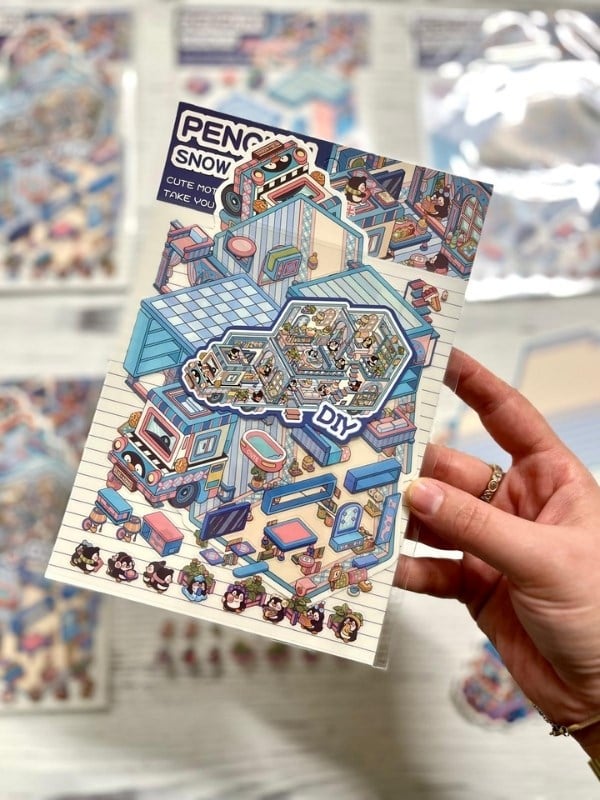 DIY Penguen Kar Karavanı 3D Diorama İzometrik Sticker Seti/86 Adet Sticker+Karavan Kartonu