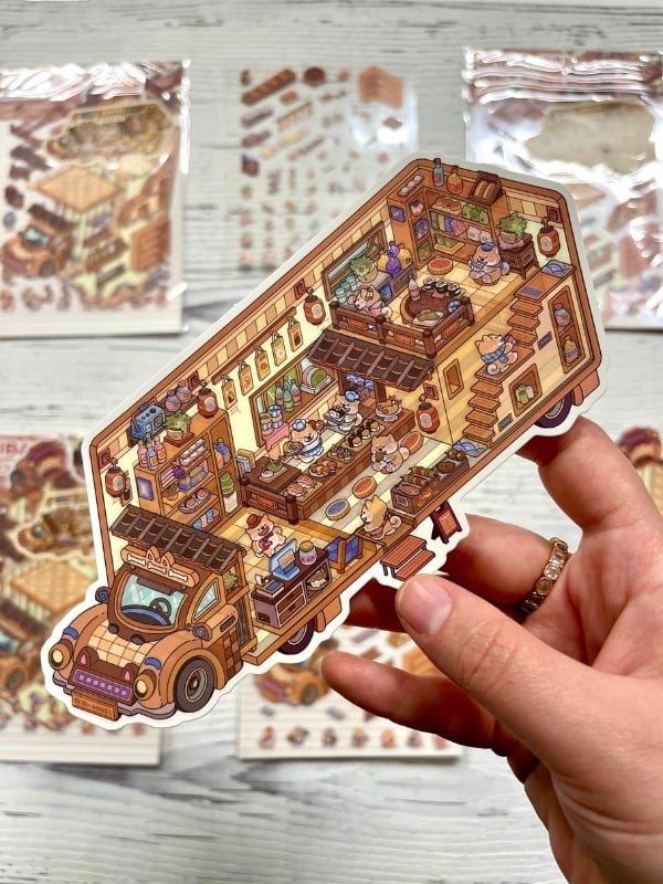 DIY Shiba Inu Atıştırmalık Karavanı 3D Diorama İzometrik Sticker Set/99 Adet Sticker+Karavan Kartonu