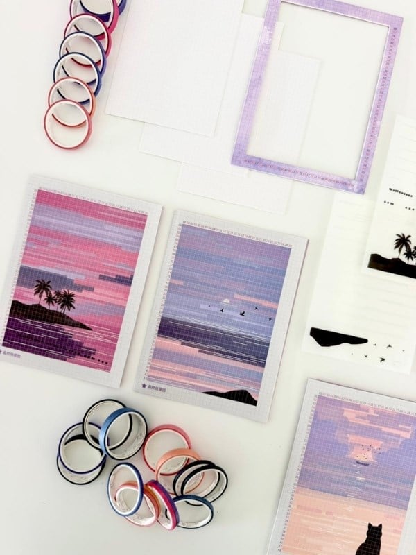 DIY Sunset Tape Art Washi Bantlar İle Manzara Tasarlama Seti/Washi Tape/Dekoratif Bant   