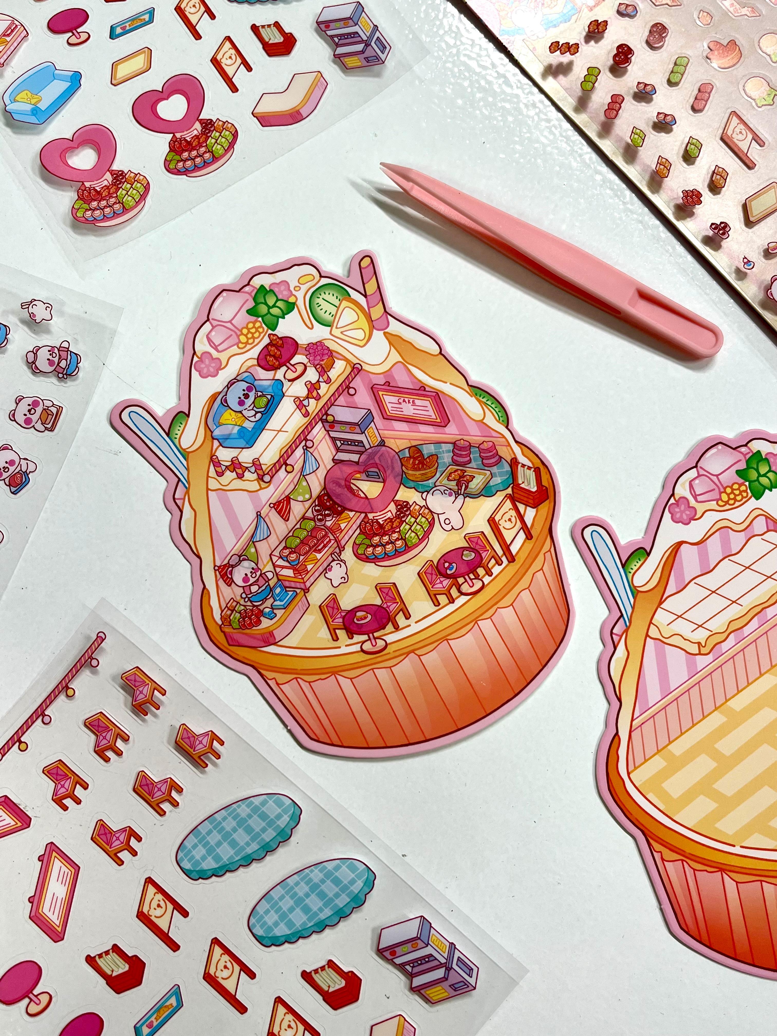 DIY Sweet Cafe Dream 3D Diorama İzometrik 94 Adet Sticker Kase Kartonu Plastik Cımbız Seti