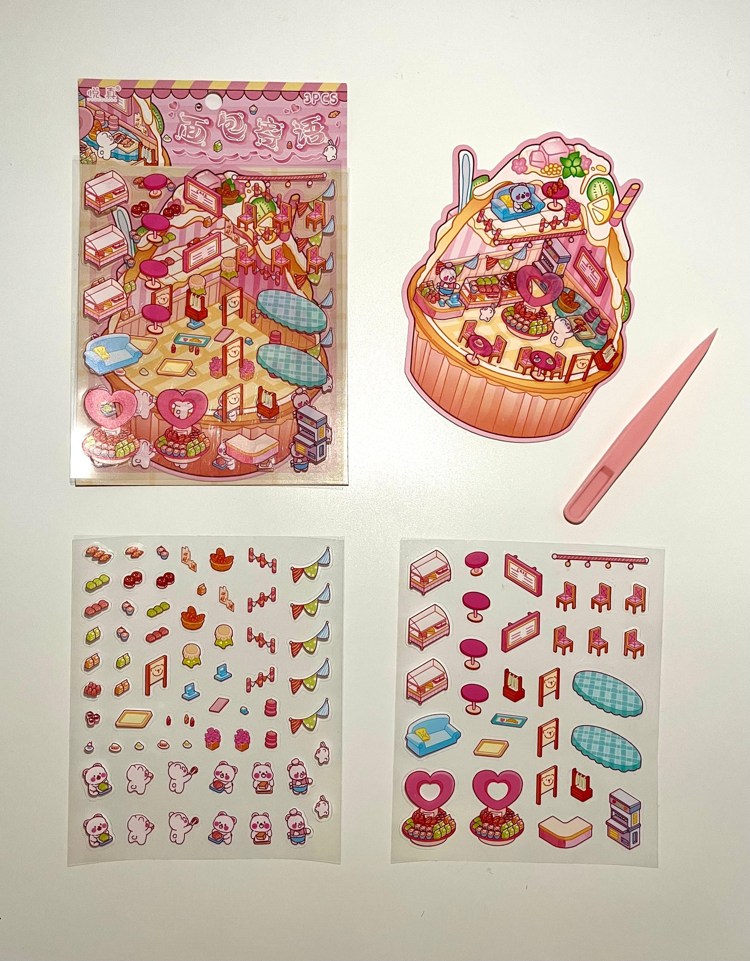 DIY Sweet Cafe Dream 3D Diorama İzometrik 94 Adet Sticker Kase Kartonu Plastik Cımbız Seti