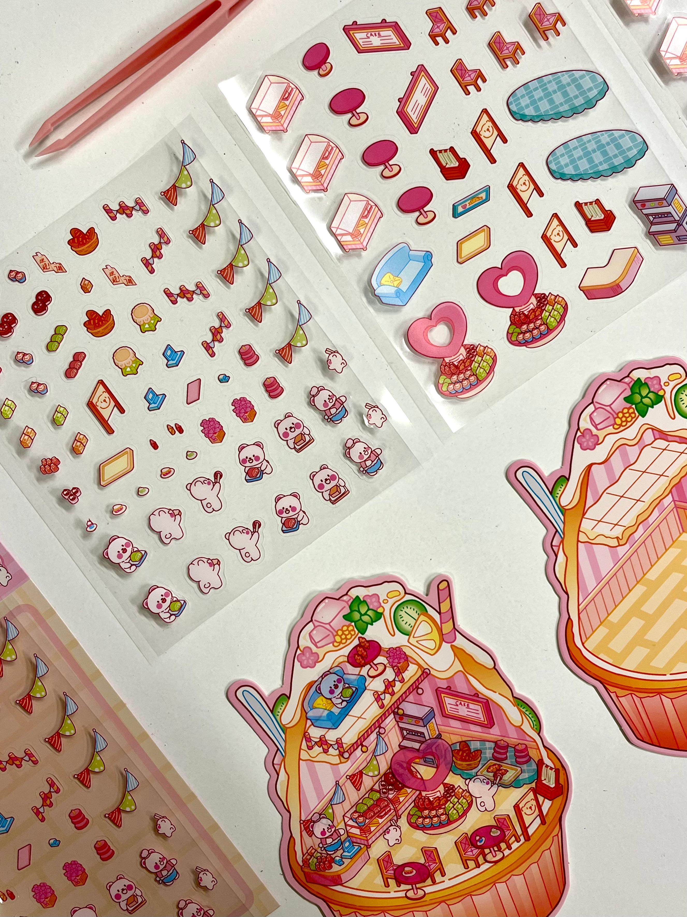 DIY Sweet Cafe Dream 3D Diorama İzometrik 94 Adet Sticker Kase Kartonu Plastik Cımbız Seti