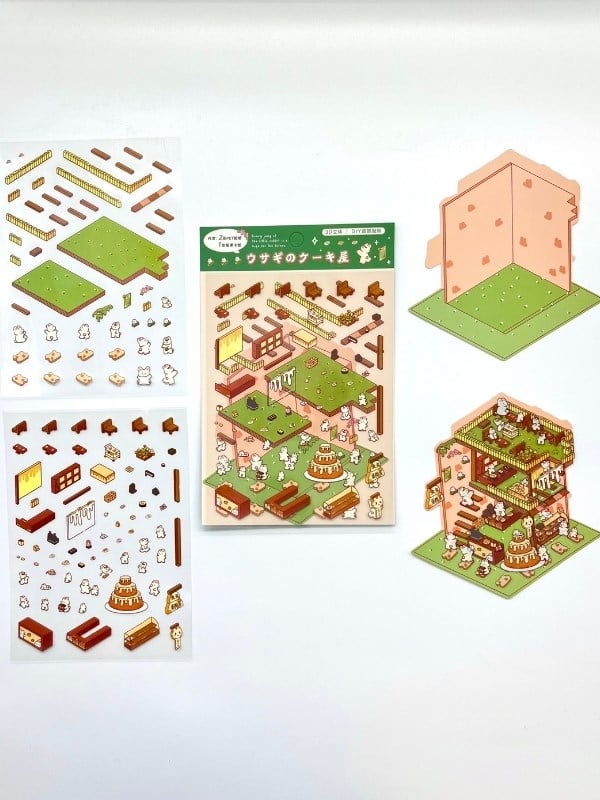 DIY Tavşan Pastanesi Tasarlama 2 Yaprak 122 Adet 3D Diorama İzometrik Sticker Set/Etiket/Çıkartma