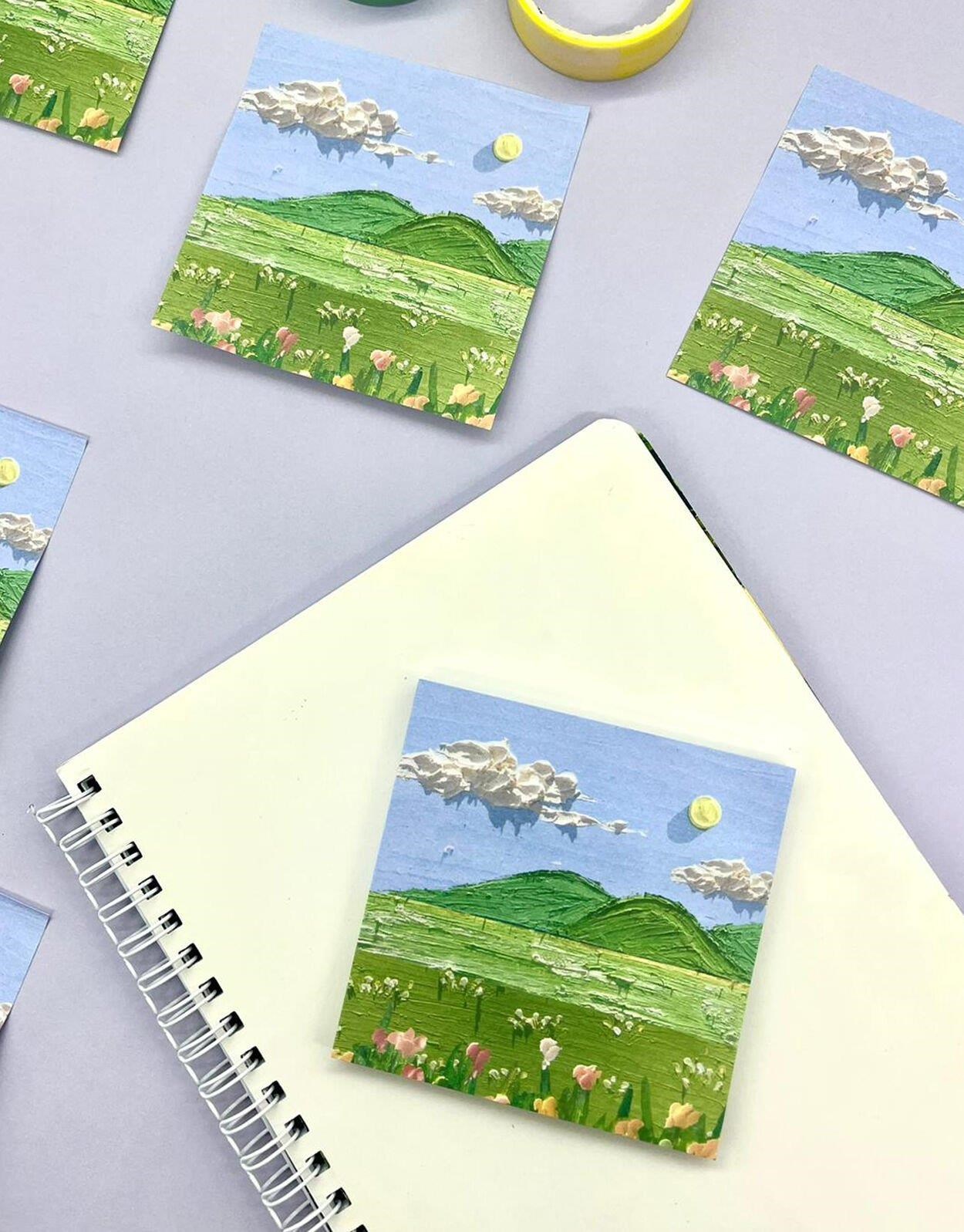 Doğa Temalı Yağlı Boya  Yeşil Ova Post-it