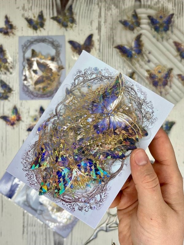 Falling İnto A Dream Işıl Işıl Lacivert Kelebekler 20 Adet Şeffaf Pet Sticker Set/Etiket/Çıkartma/Su Geçirmez/Altın Yaldızlı/Bullet Journal 