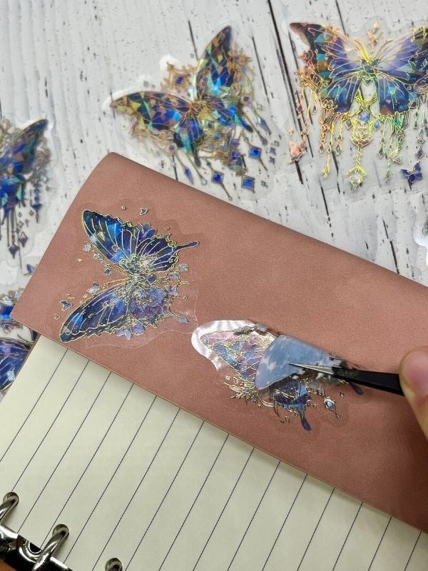 Falling İnto A Dream Işıl Işıl Lacivert Kelebekler 20 Adet Şeffaf Pet Sticker Set/Etiket/Çıkartma/Su Geçirmez/Altın Yaldızlı/Bullet Journal 