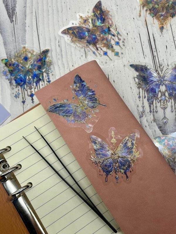 Falling İnto A Dream Işıl Işıl Lacivert Kelebekler 20 Adet Şeffaf Pet Sticker Set/Etiket/Çıkartma/Su Geçirmez/Altın Yaldızlı/Bullet Journal 