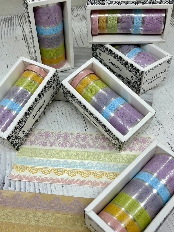 Floaty Lace Dantel Temalı Açık Tonlar Karışık 6’lı Washi Bant Set /Sticker/Çıkartma/Su Geçirmez
