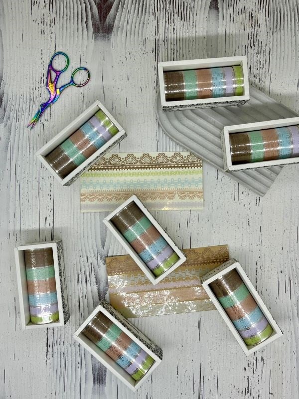 Floaty Lace Dantel Temalı Kahverengi ve Yeşil Tonlar 6’lı Washi Bant Set /Sticker/Çıkartma/Su Geçirmez