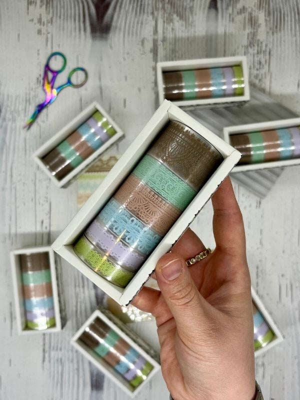 Floaty Lace Dantel Temalı Kahverengi ve Yeşil Tonlar 6’lı Washi Bant Set /Sticker/Çıkartma/Su Geçirmez