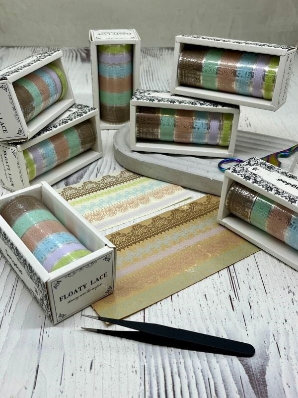 Floaty Lace Dantel Temalı Kahverengi ve Yeşil Tonlar 6’lı Washi Bant Set /Sticker/Çıkartma/Su Geçirmez