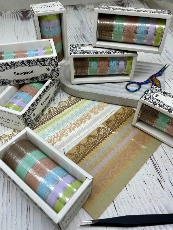 Floaty Lace Dantel Temalı Kahverengi ve Yeşil Tonlar 6’lı Washi Bant Set /Sticker/Çıkartma/Su Geçirmez