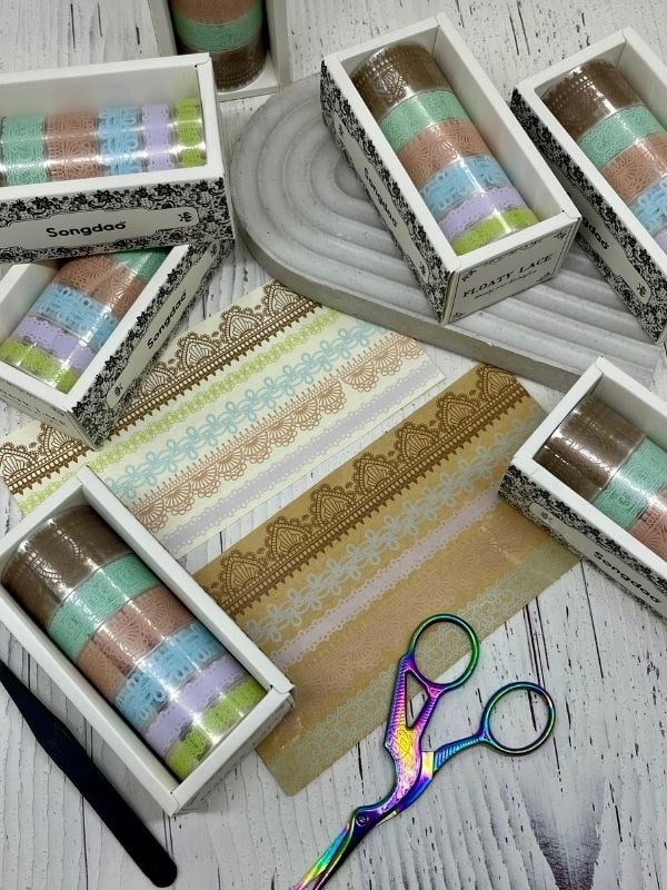 Floaty Lace Dantel Temalı Kahverengi ve Yeşil Tonlar 6’lı Washi Bant Set /Sticker/Çıkartma/Su Geçirmez