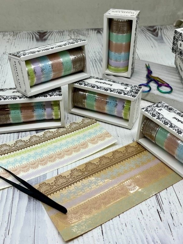 Floaty Lace Dantel Temalı Kahverengi ve Yeşil Tonlar 6’lı Washi Bant Set /Sticker/Çıkartma/Su Geçirmez