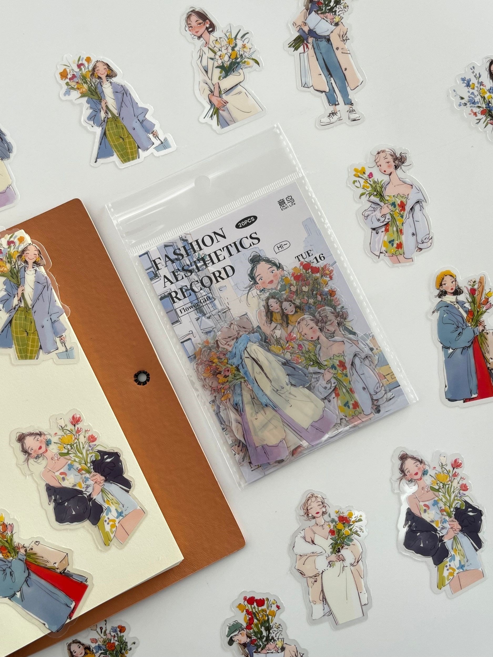Floral Fashion Girls Çiçekli Genç Kızlar Figürlü 20 Adet Dekoratif Sticker Seti/ Etiket/Çıkartma