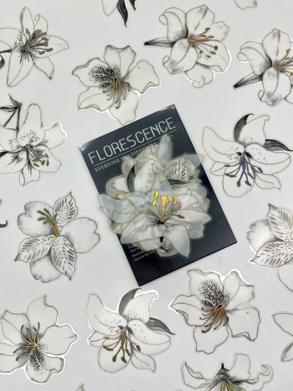 Florescence Altın Yaldızlı Siyah-Beyaz Özel Tasarım Zambak Çiçeği Sticker Seti/20 Adet/Etiket/Çıkartma
