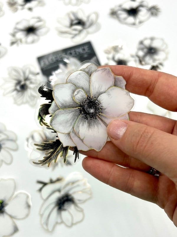 Florescence Altın Yaldızlı Siyah-Beyaz Özel Tasarım Anemon Çiçeği Sticker Seti/20 Adet/Etiket/Çıkartma