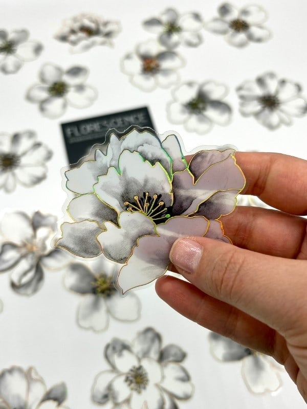 Florescence Altın Yaldızlı Siyah-Beyaz Özel Tasarım Şakayık Çiçeği Sticker Seti/20 Adet/Etiket/Çıkartma