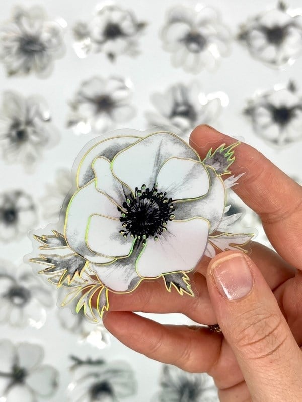 Florescence Altın Yaldızlı Siyah-Beyaz Özel Tasarım Anemon Çiçeği Sticker Seti/20 Adet/Etiket/Çıkartma