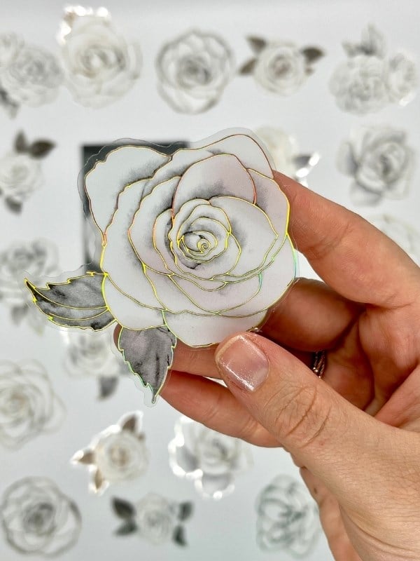 Florescence Altın Yaldızlı Siyah-Beyaz Özel Tasarım Gül Çiçeği Sticker Seti/20 Adet/Etiket/Çıkartma