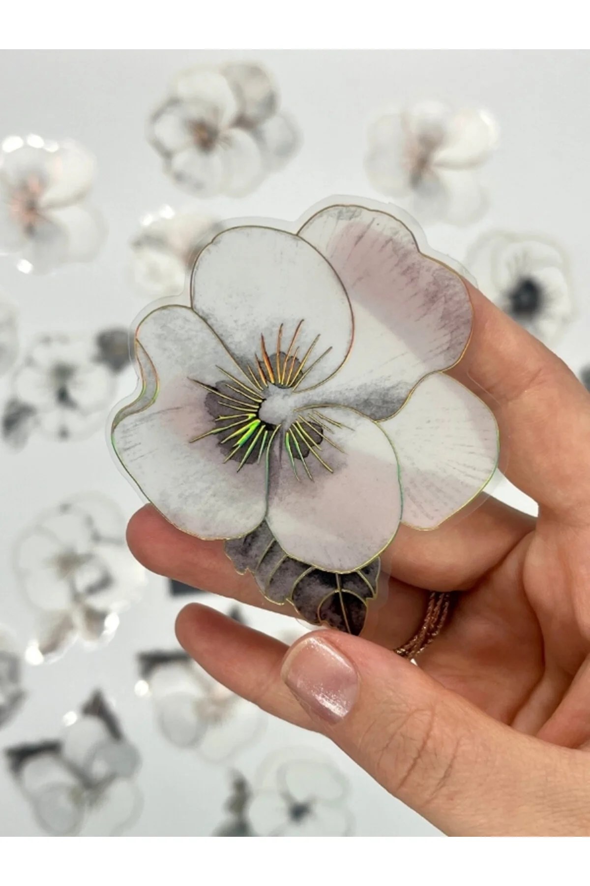 Florescence Altın Yaldızlı Siyah-Beyaz Özel Tasarım Gündüz Menekşesi Sticker Seti/20 Adet/Etiket/Çıkartma