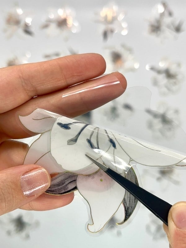 Florescence Altın Yaldızlı Siyah-Beyaz Özel Tasarım Zambak Çiçeği Sticker Seti/20 Adet/Etiket/Çıkartma