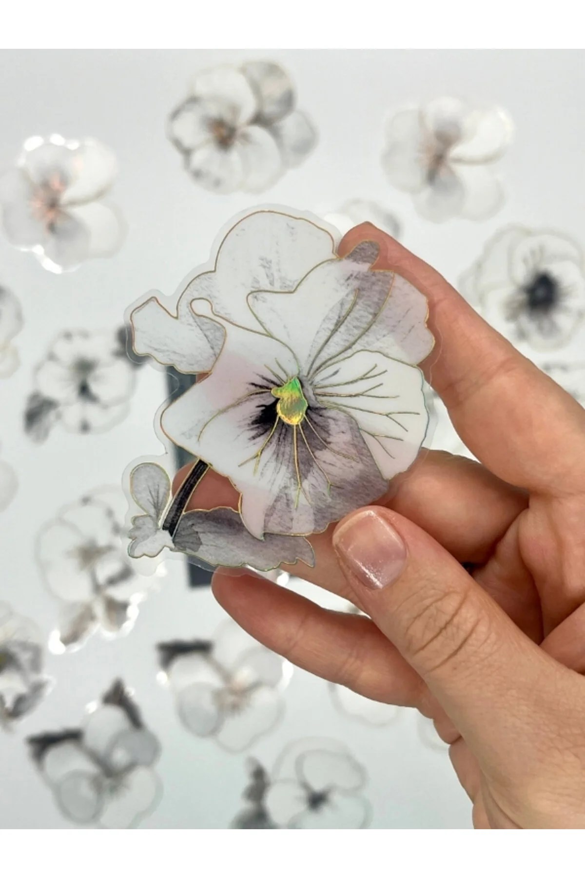 Florescence Altın Yaldızlı Siyah-Beyaz Özel Tasarım Gündüz Menekşesi Sticker Seti/20 Adet/Etiket/Çıkartma