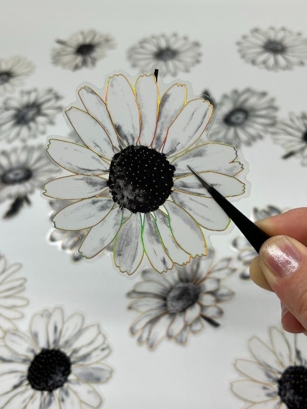 Florescence Altın Yaldızlı Siyah-Beyaz Özel Tasarım Papatya Sticker Seti/20 Adet/Etiket/Çıkartma