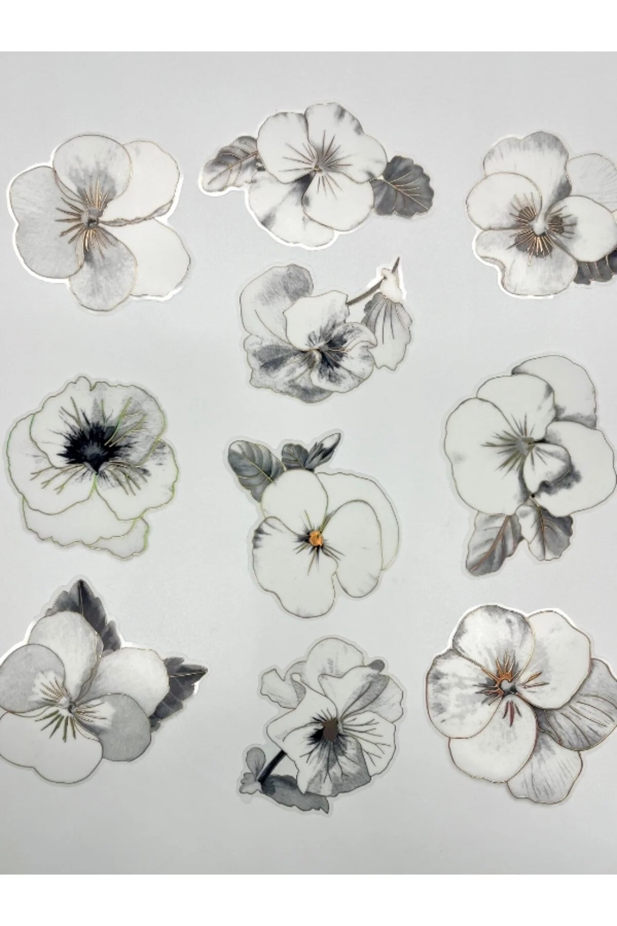 Florescence Altın Yaldızlı Siyah-Beyaz Özel Tasarım Gündüz Menekşesi Sticker Seti/20 Adet/Etiket/Çıkartma