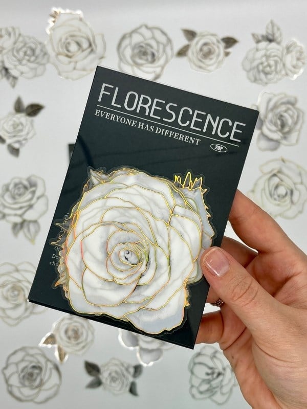 Florescence Altın Yaldızlı Siyah-Beyaz Özel Tasarım Gül Çiçeği Sticker Seti/20 Adet/Etiket/Çıkartma