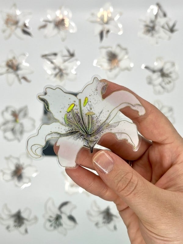Florescence Altın Yaldızlı Siyah-Beyaz Özel Tasarım Zambak Çiçeği Sticker Seti/20 Adet/Etiket/Çıkartma