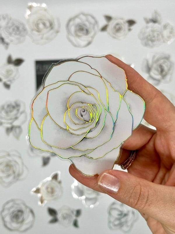 Florescence Altın Yaldızlı Siyah-Beyaz Özel Tasarım Gül Çiçeği Sticker Seti/20 Adet/Etiket/Çıkartma