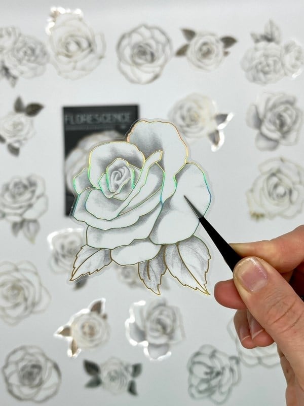Florescence Altın Yaldızlı Siyah-Beyaz Özel Tasarım Gül Çiçeği Sticker Seti/20 Adet/Etiket/Çıkartma
