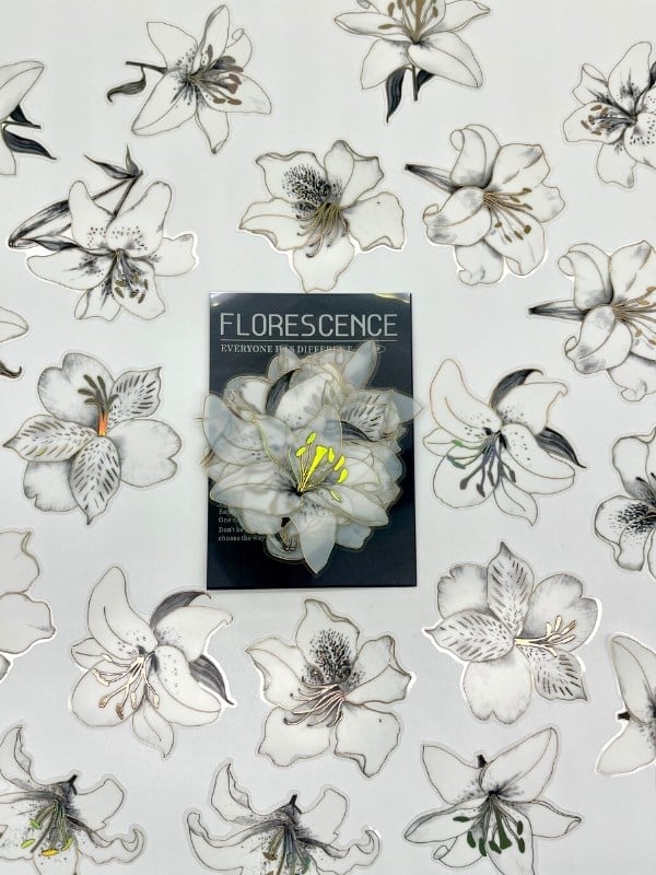 Florescence Altın Yaldızlı Siyah-Beyaz Özel Tasarım Zambak Çiçeği Sticker Seti/20 Adet/Etiket/Çıkartma