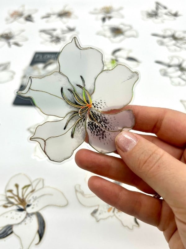 Florescence Altın Yaldızlı Siyah-Beyaz Özel Tasarım Zambak Çiçeği Sticker Seti/20 Adet/Etiket/Çıkartma