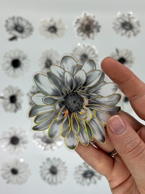 Florescence Altın Yaldızlı Siyah-Beyaz Özel Tasarım Papatya Sticker Seti/20 Adet/Etiket/Çıkartma