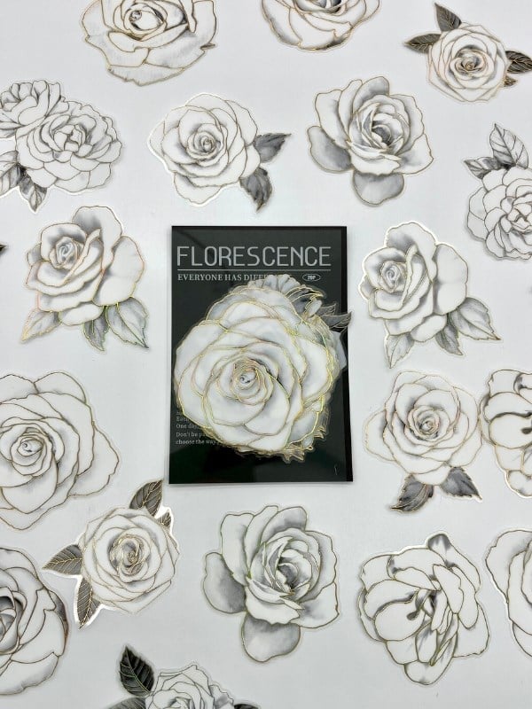 Florescence Altın Yaldızlı Siyah-Beyaz Özel Tasarım Gül Çiçeği Sticker Seti/20 Adet/Etiket/Çıkartma
